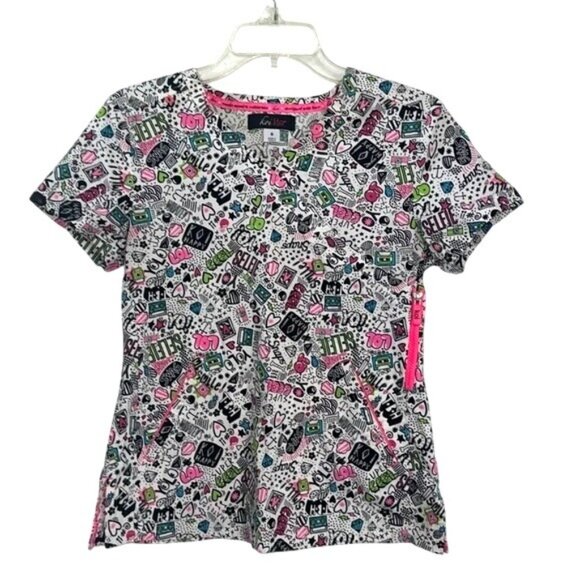 Koi Lite Womens Scrub Top S White Pink Fun Print Short Sleeves Zipper Pockets - Picture 1 of 8